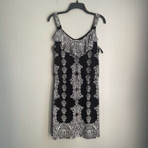 White House Black Market Blouson Dress Size S Black White Resortwear 35"